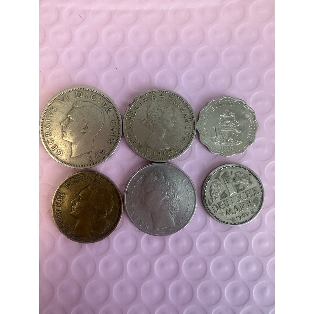 Vintage World Foreign Coin Lot 6 UK Half Crown 2 Shillings Germany Italy France